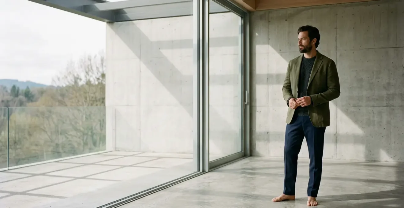 Contemporary man exploring personal style with confidence and authenticity in a modern urban setting