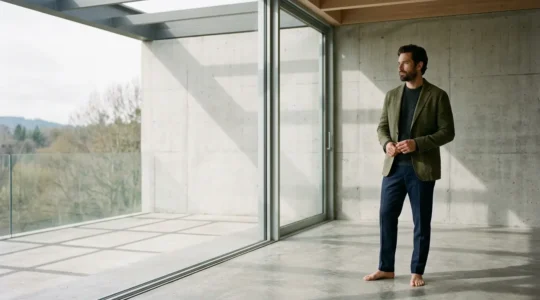 Contemporary man exploring personal style with confidence and authenticity in a modern urban setting