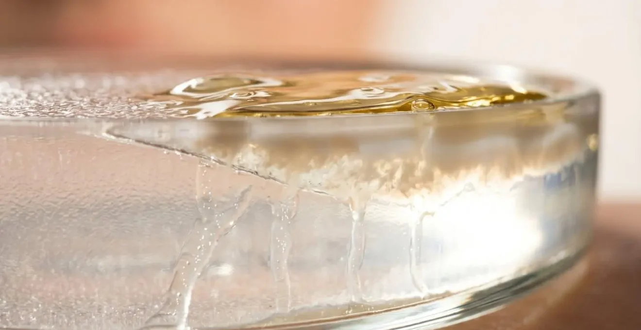 Cross-section visualization of skincare product layers absorbing into skin