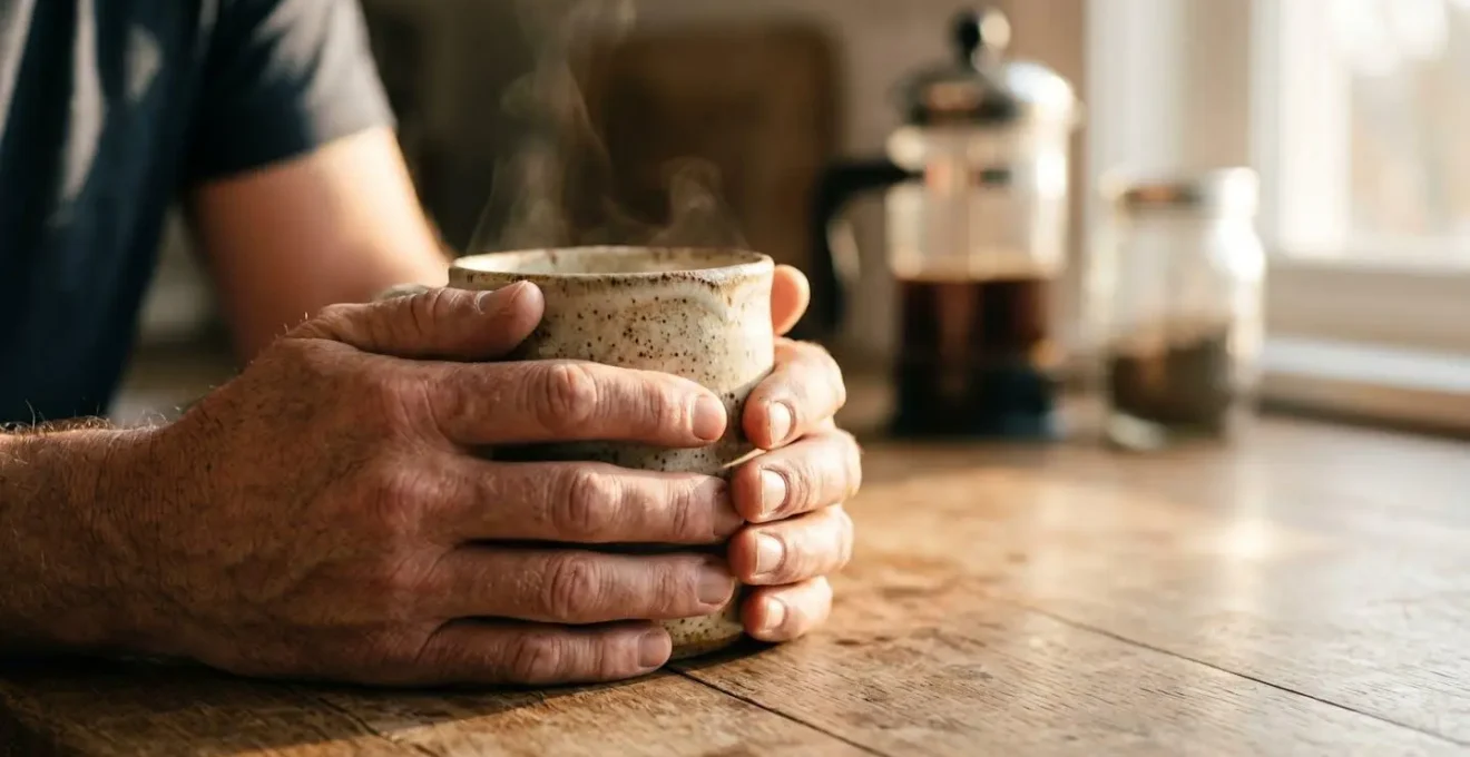 Peaceful morning coffee scene with natural lighting and minimalist setting