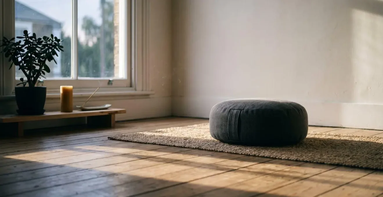 Early morning meditation setup with natural dawn light creating a serene atmosphere for mindfulness practice