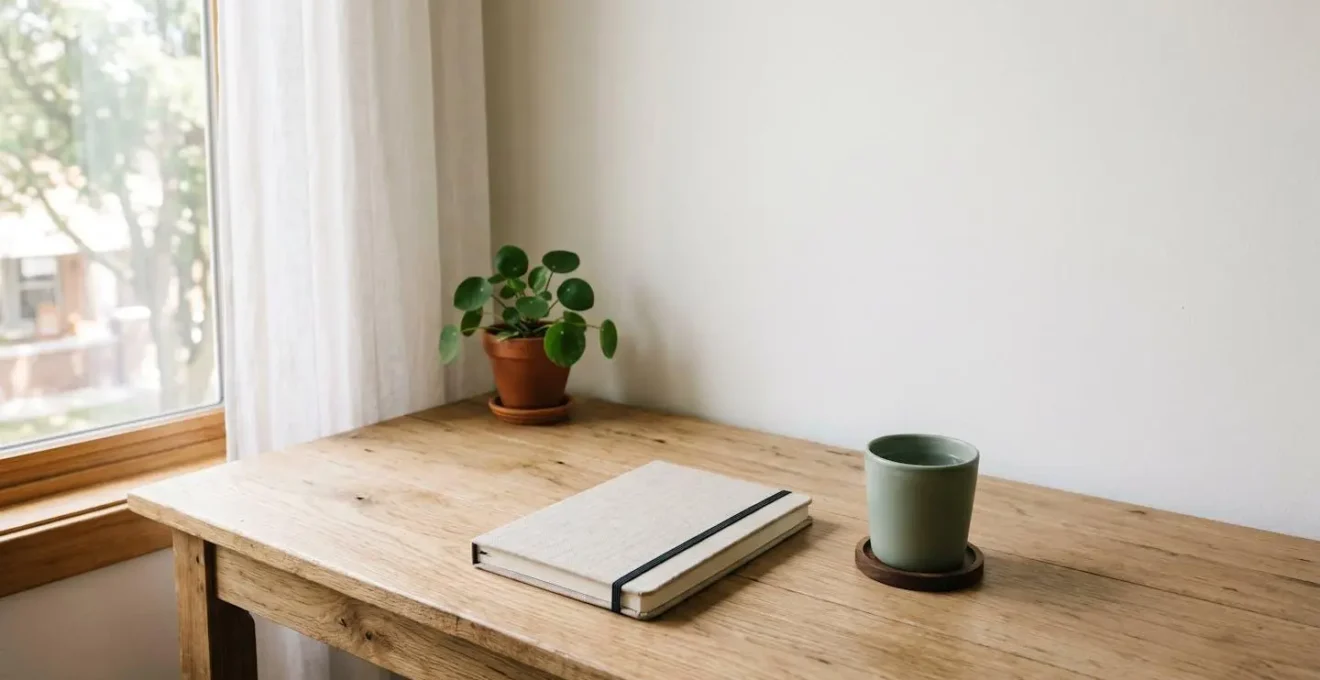 Minimalist morning ritual setup showing journal book and quiet contemplative space for daily practice