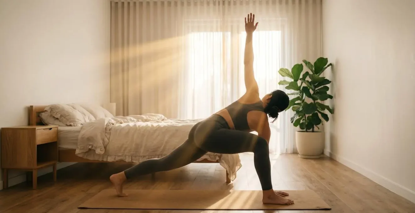 Person performing morning hip stretches in sunlit bedroom
