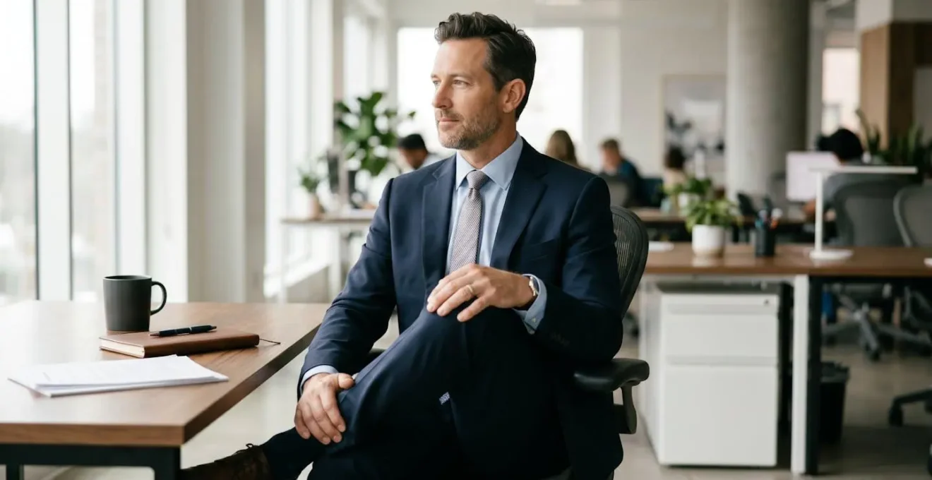 Business professional performing subtle seated hip stretch at desk