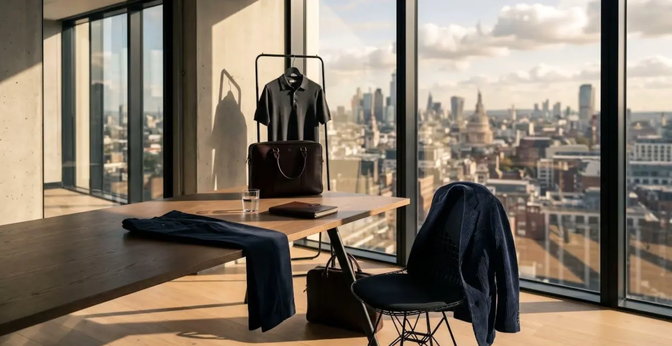 Professional office setting showing subtle trend integration in conservative menswear