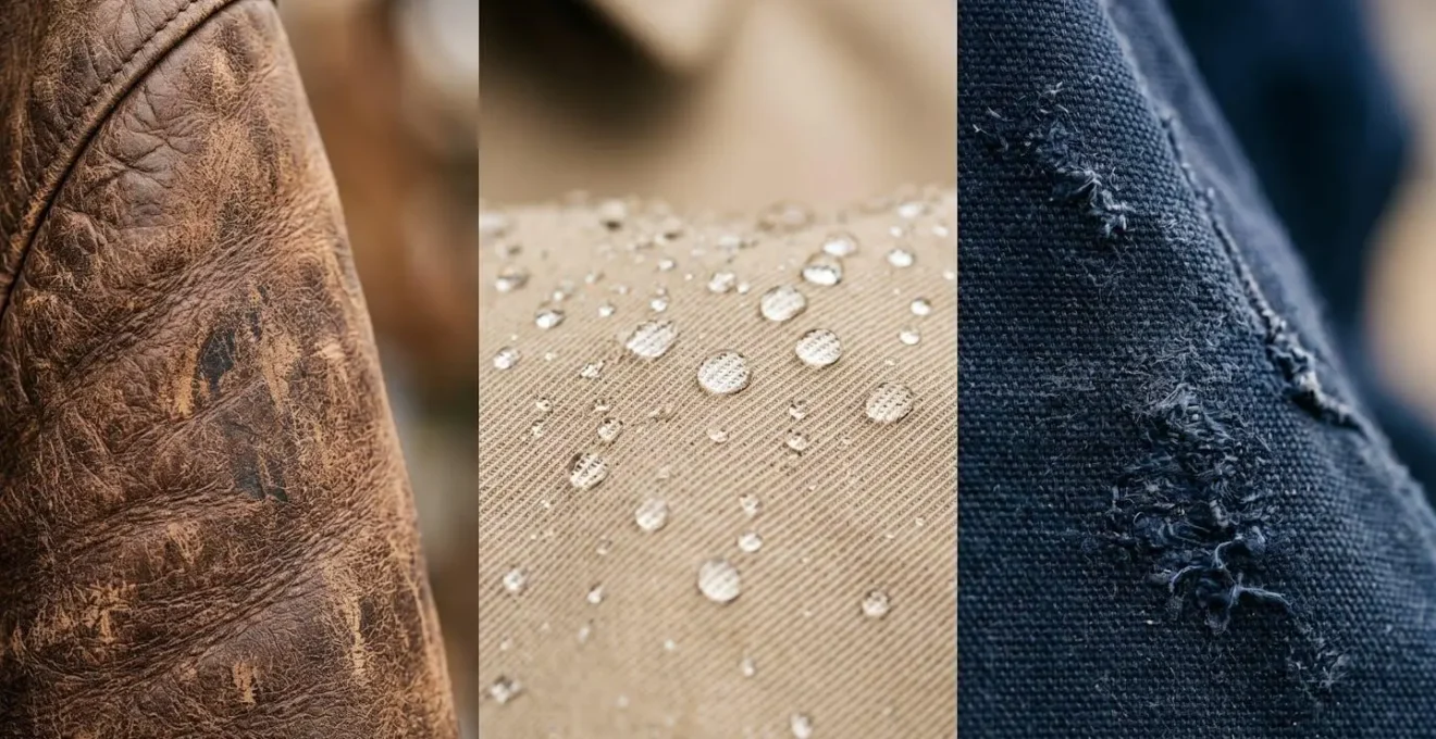 Three distinct outerwear pieces displayed showing leather jacket, trench coat, and work jacket styling