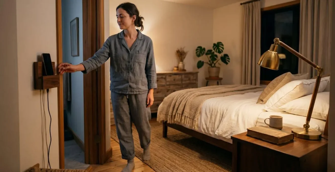 Calming bedroom environment without electronic devices featuring natural materials and soft lighting
