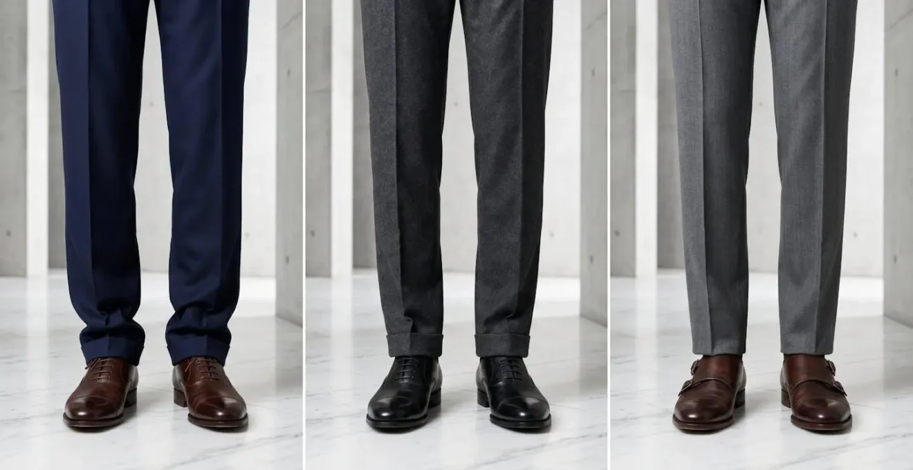 Side-by-side comparison of different trouser breaks on formal shoes