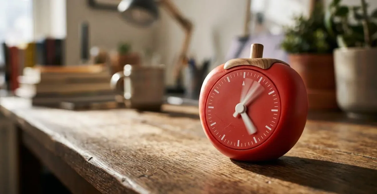 Analog timer on desk showing focused work session in progress
