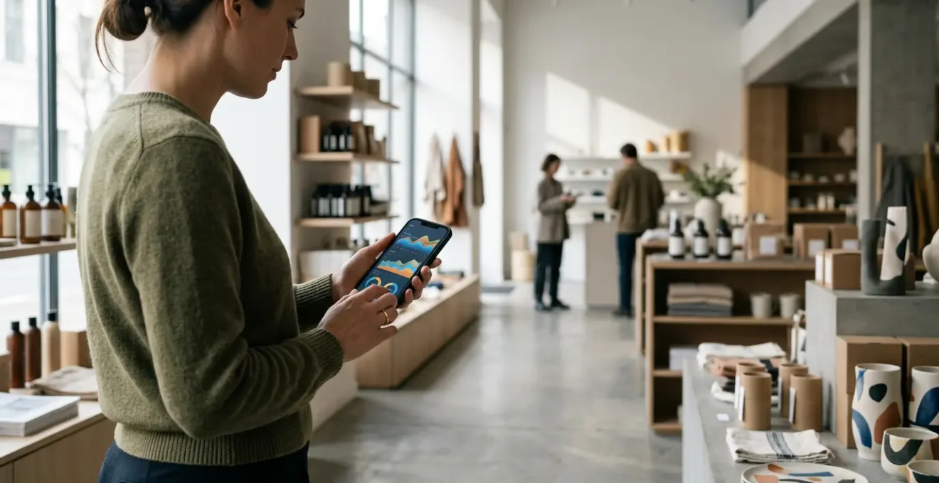 Modern shopper using smartphone for price comparison while browsing retail items with clean composition and natural lighting