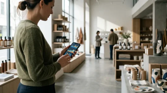 Modern shopper using smartphone for price comparison while browsing retail items with clean composition and natural lighting