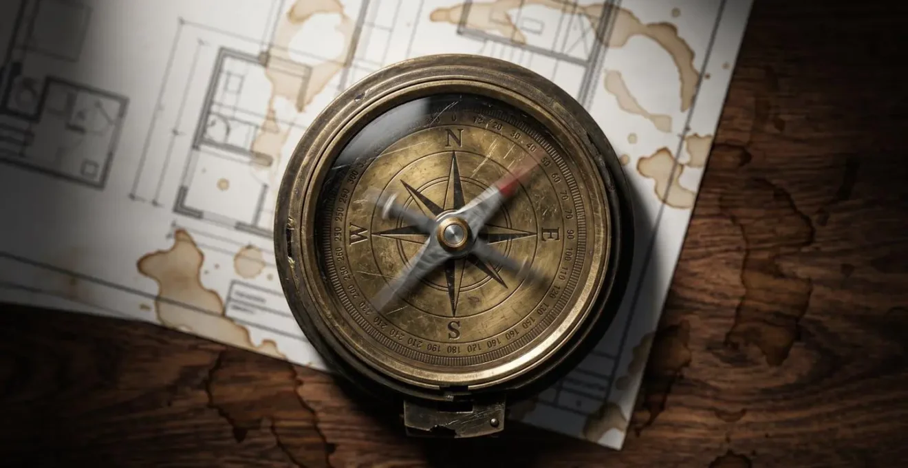 Visual metaphor of professional burnout through a broken career compass on a desk, its needle spinning aimlessly.