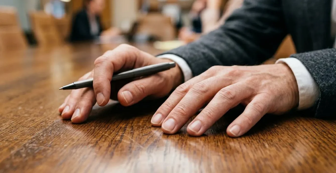 Close-up of hands demonstrating subtle grounding position during a meeting, showing texture and light.
