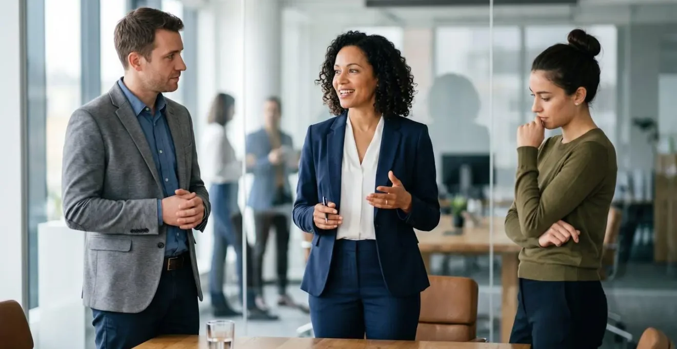 Office environment showing contrast between formal and casual professional attire in a meeting setting
