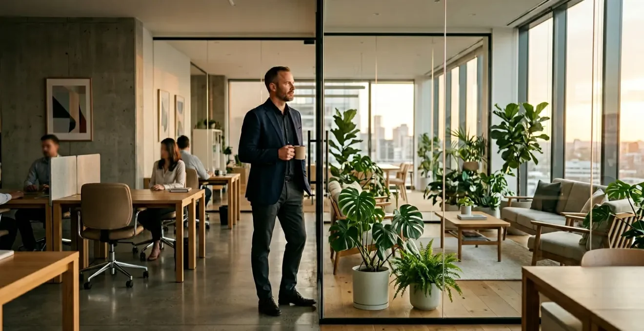 Business professional establishing boundaries at modern office workspace