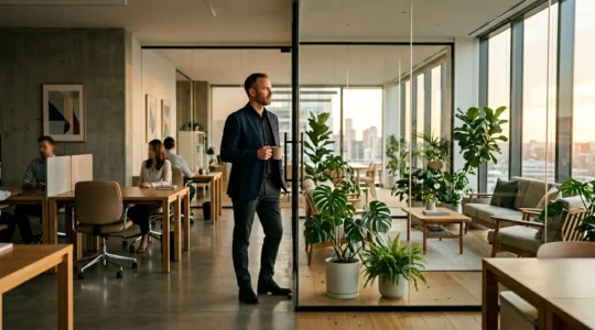 Business professional establishing boundaries at modern office workspace