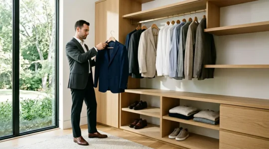 Professional man examining high-quality navy blazer in minimalist dressing room
