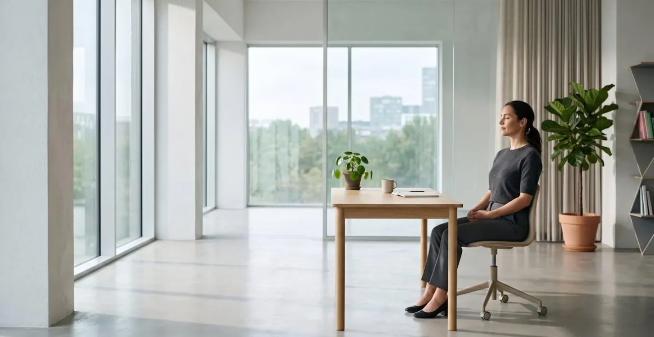 Business professional in moment of calm breathwork practice at minimalist desk