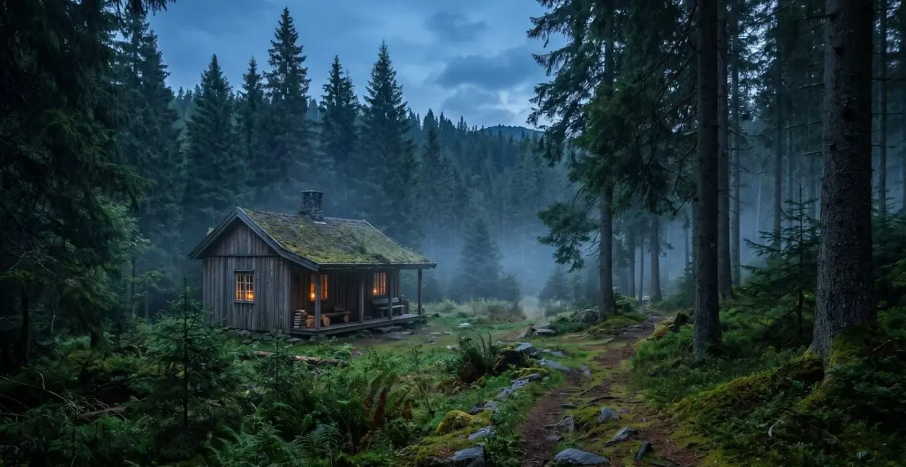 Secluded wooden cabin deep in a forest clearing with no infrastructure visible