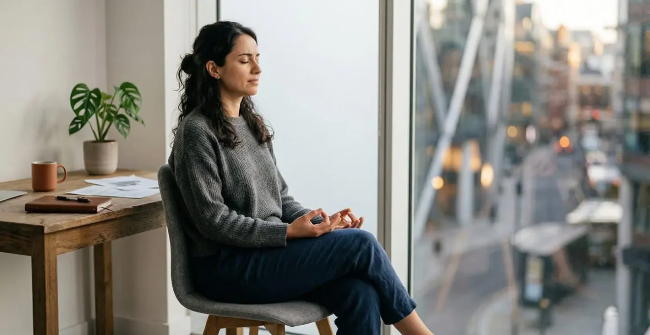 A person with eyes closed practicing mindfulness in a dynamic urban environment, balancing stillness with motion