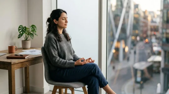 A person with eyes closed practicing mindfulness in a dynamic urban environment, balancing stillness with motion