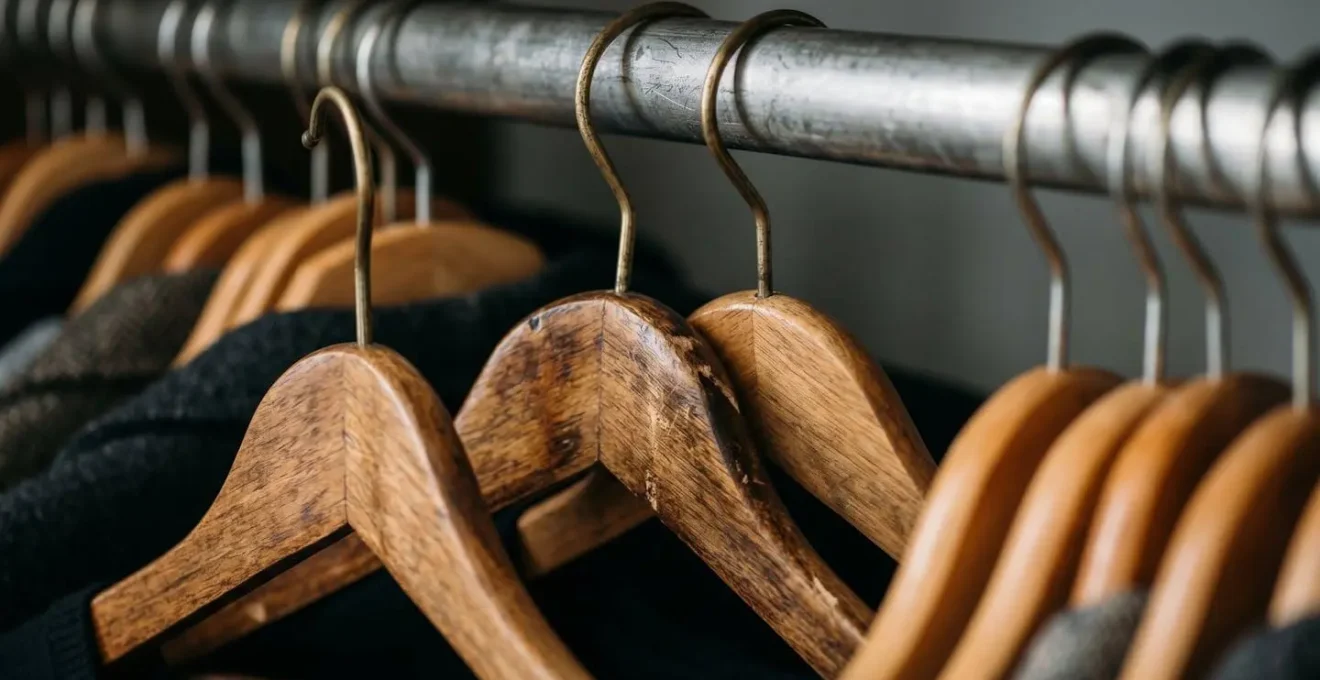 Close-up of organized closet showing hangers facing different directions to track worn items