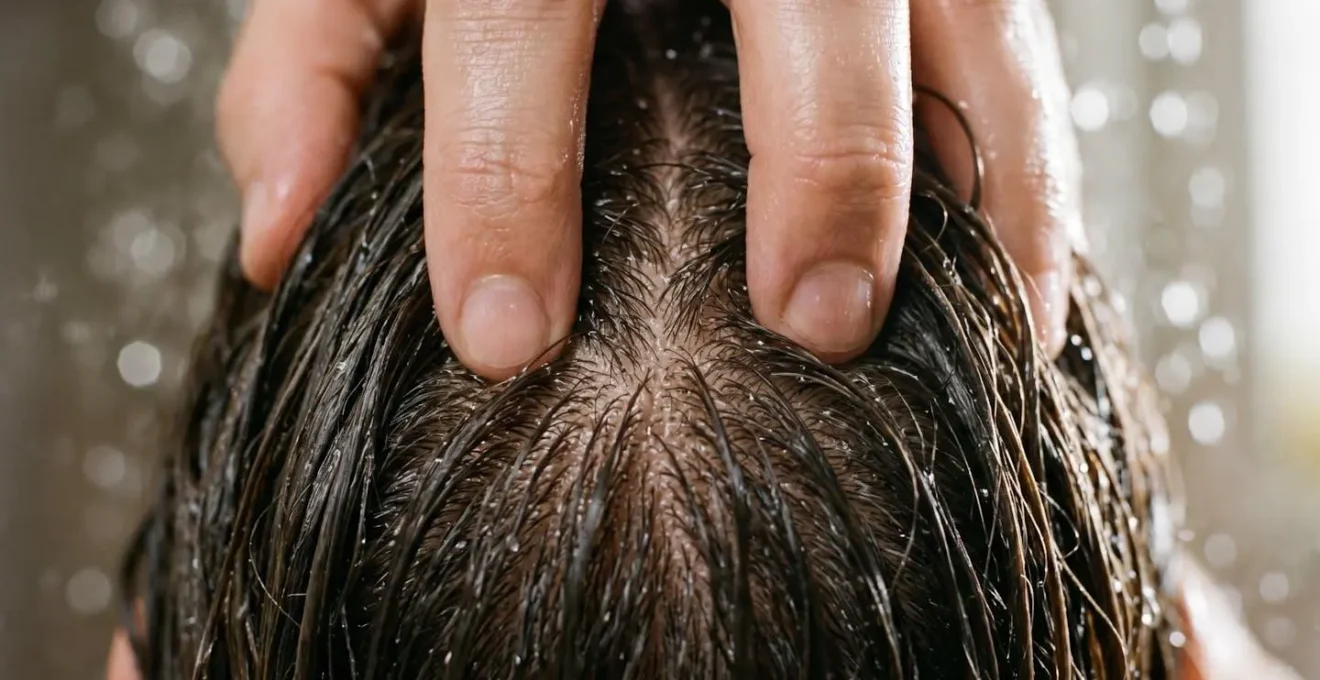 Close-up of hands massaging scalp with gentle circular motions during hair washing