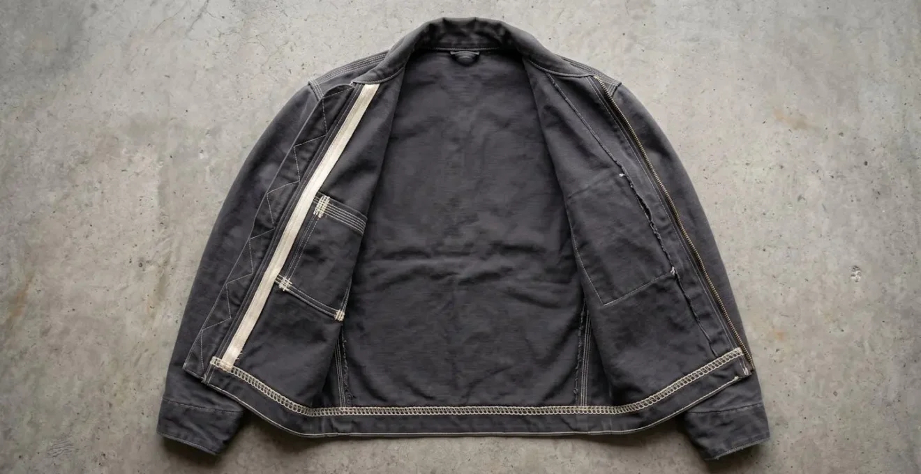 Visual diagram showing critical stress points and stitch types on a work jacket seam structure