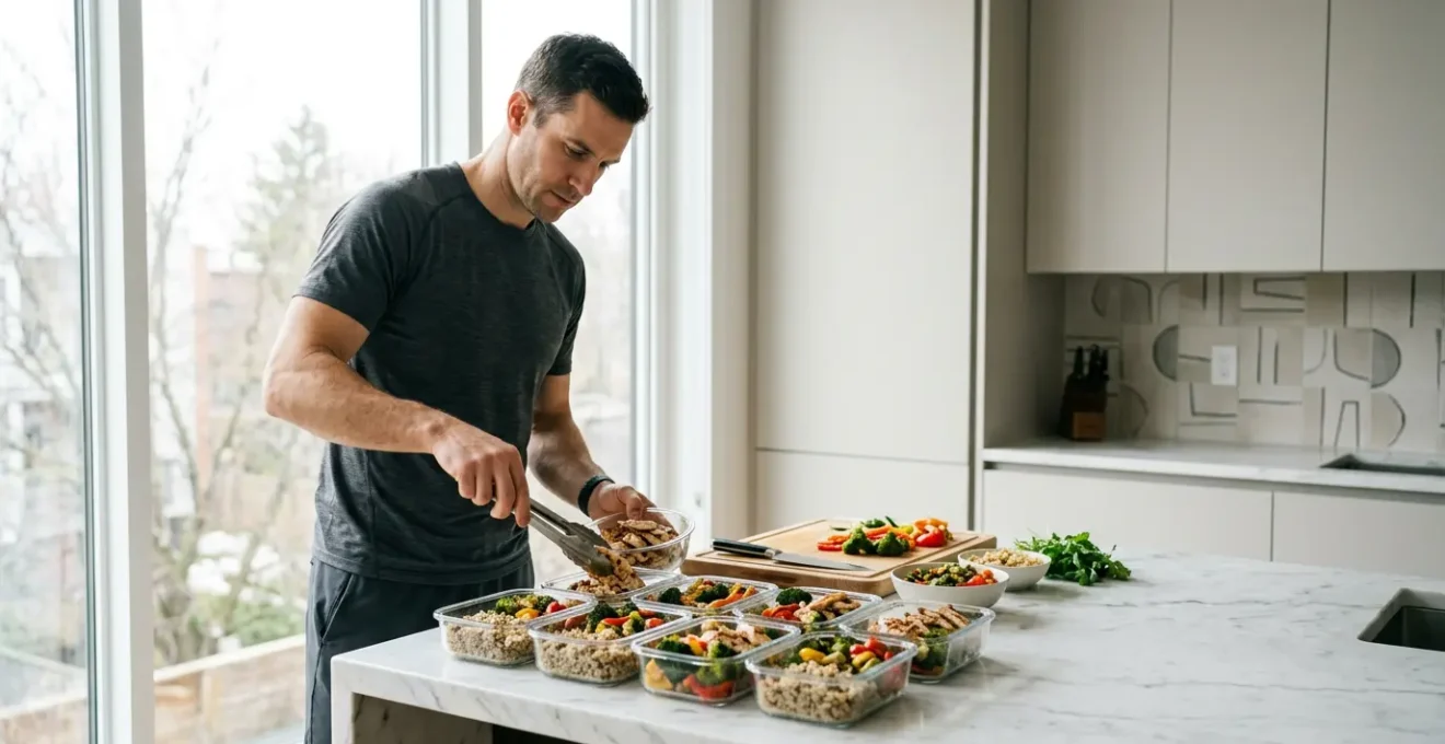 Athletic man preparing high-protein meals in modern kitchen with fresh ingredients and meal containers