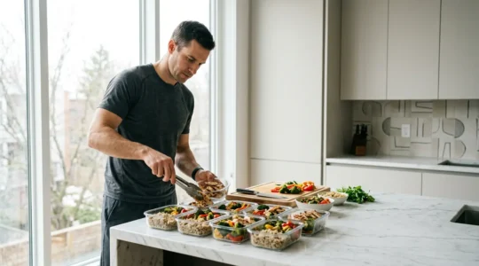 Athletic man preparing high-protein meals in modern kitchen with fresh ingredients and meal containers
