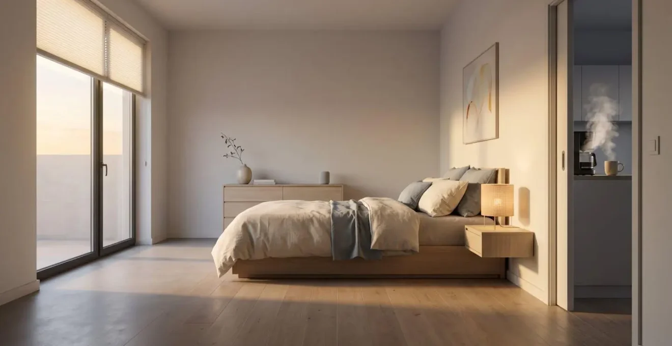 Minimalist bedroom with automated smart home devices activating morning routine