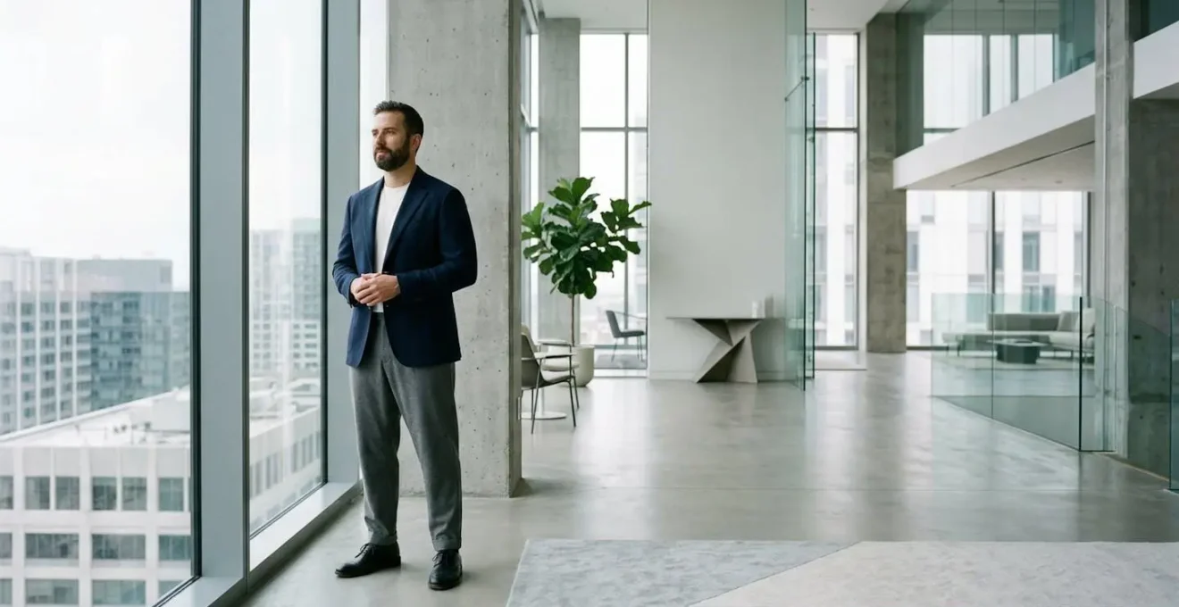 Modern man wearing unstructured wool blazer with natural shoulder line in minimalist office setting