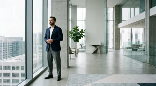 Modern man wearing unstructured wool blazer with natural shoulder line in minimalist office setting