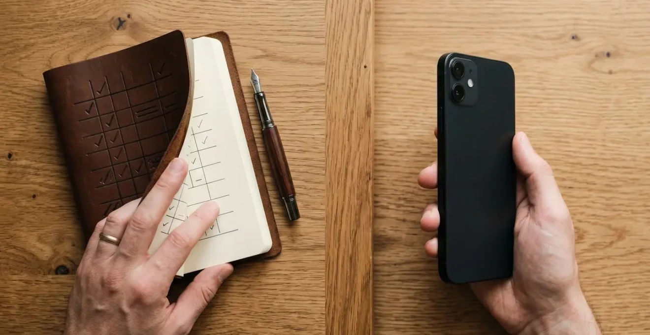 Split composition showing paper habit tracker and smartphone app side by side