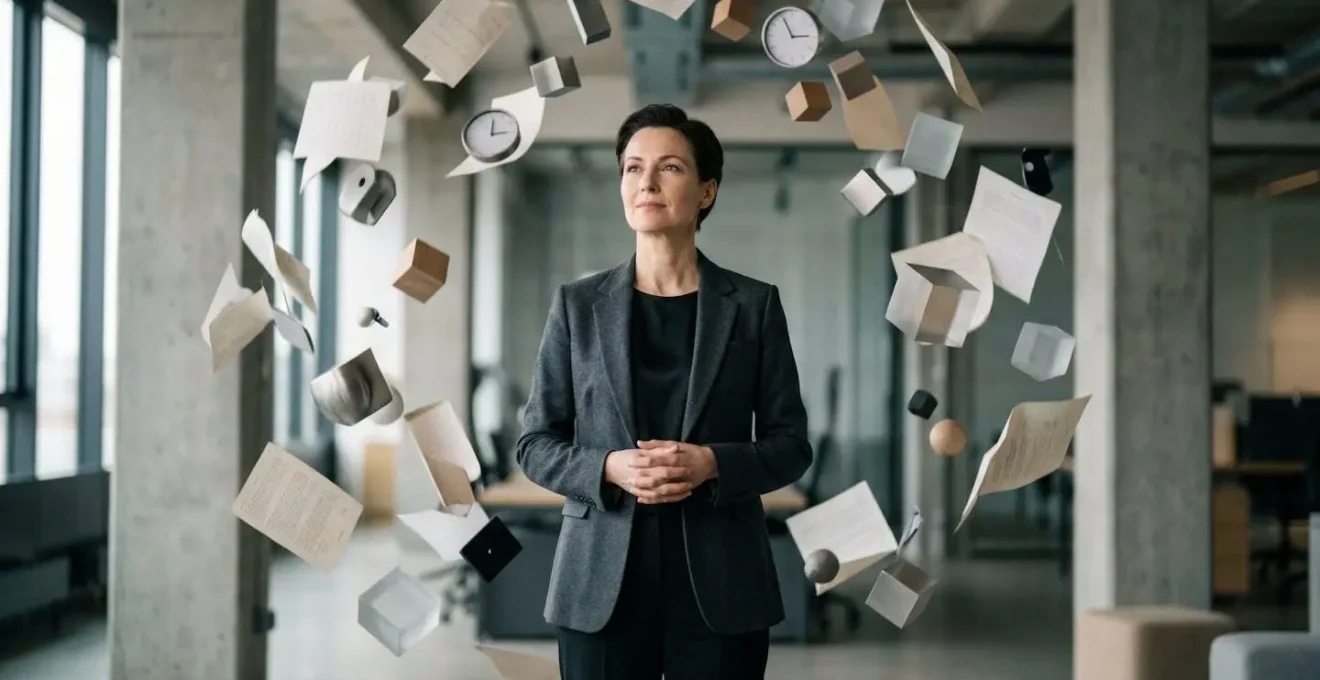 Business professional standing calmly amidst swirling office chaos, embodying stoic principles in modern workplace