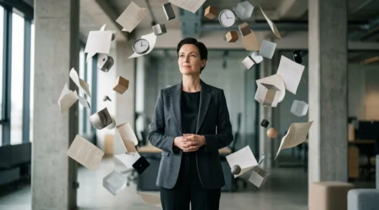 Business professional standing calmly amidst swirling office chaos, embodying stoic principles in modern workplace