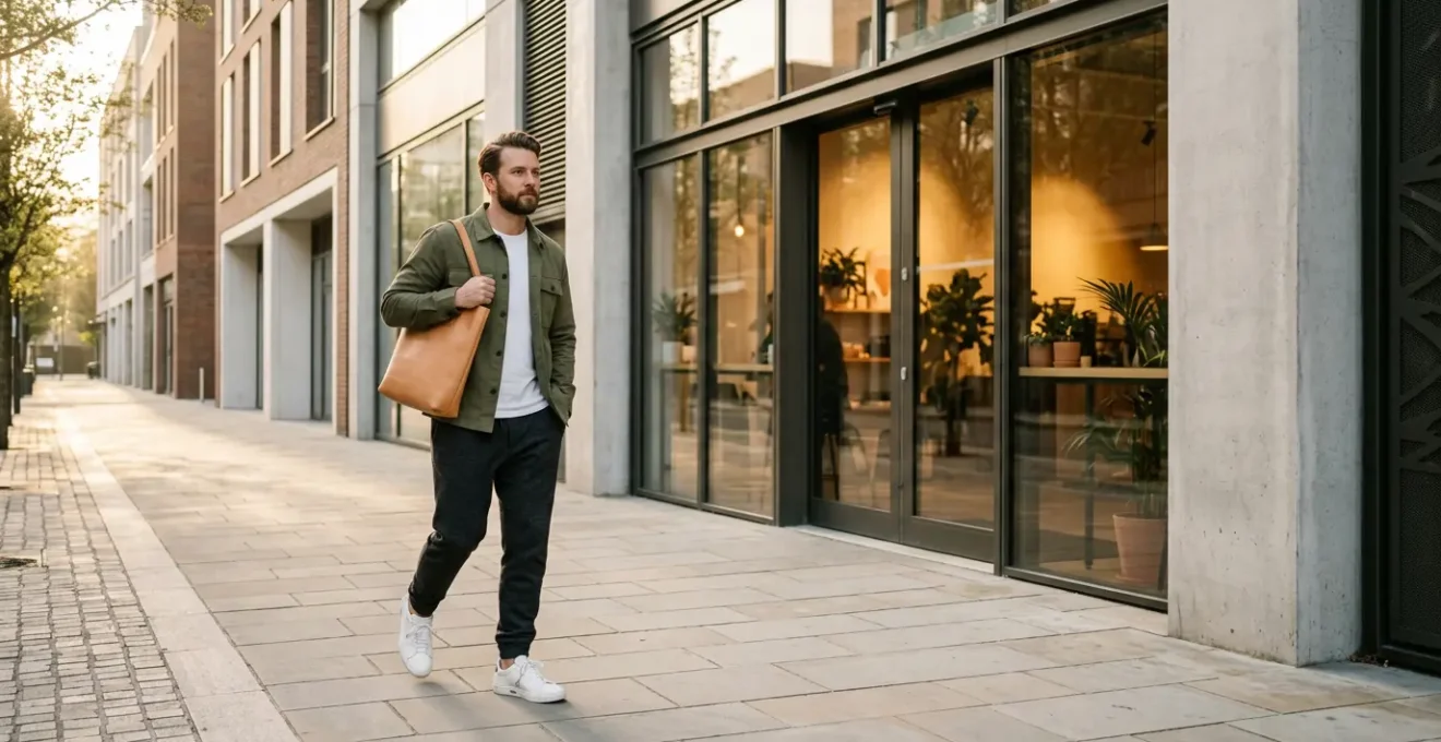 Stylish man in elevated casual outfit heading to coffee shop on Sunday morning