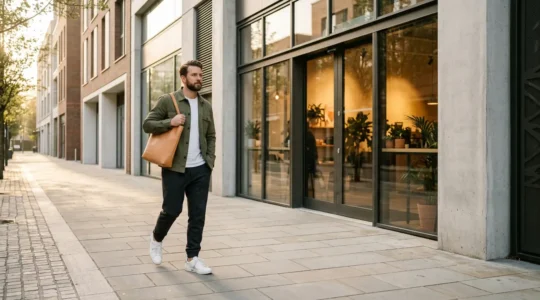 Stylish man in elevated casual outfit heading to coffee shop on Sunday morning