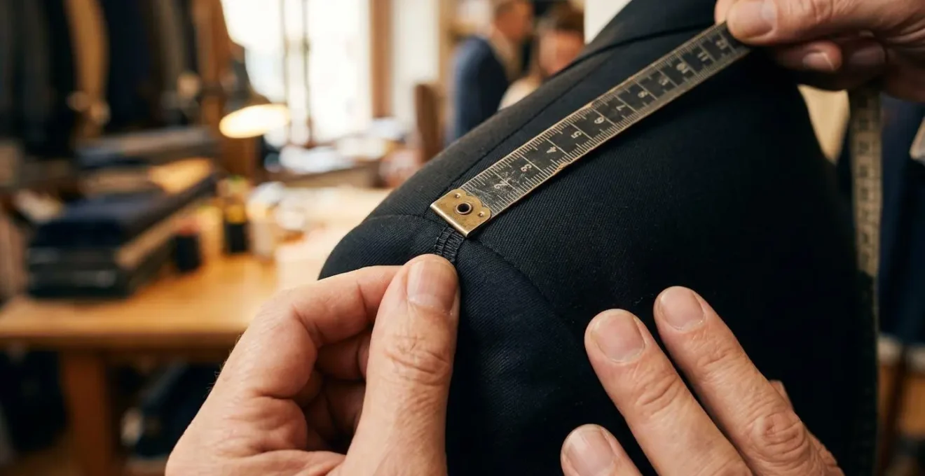 Professional tailor measuring the shoulder fit of a tuxedo jacket with precision tools