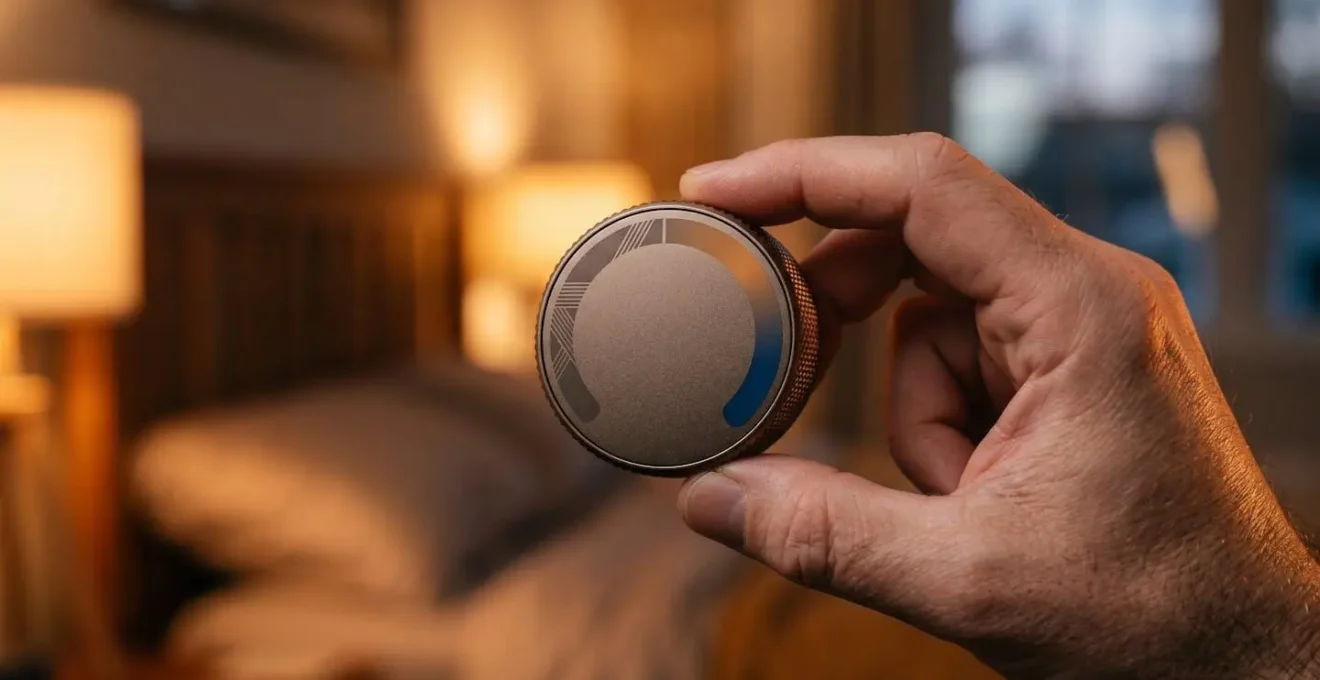 Close-up of thermostat dial being adjusted in warm ambient bedroom lighting