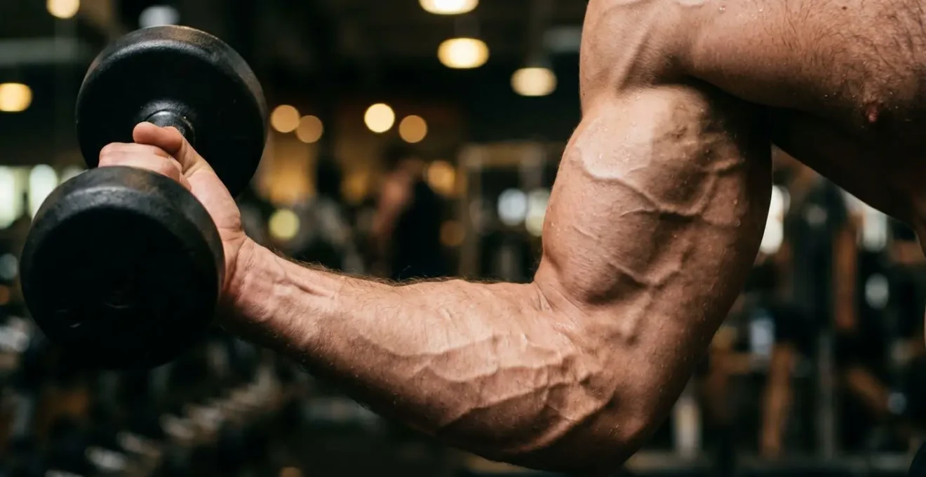 Close-up of muscular tension during slow controlled dumbbell curl with visible muscle definition