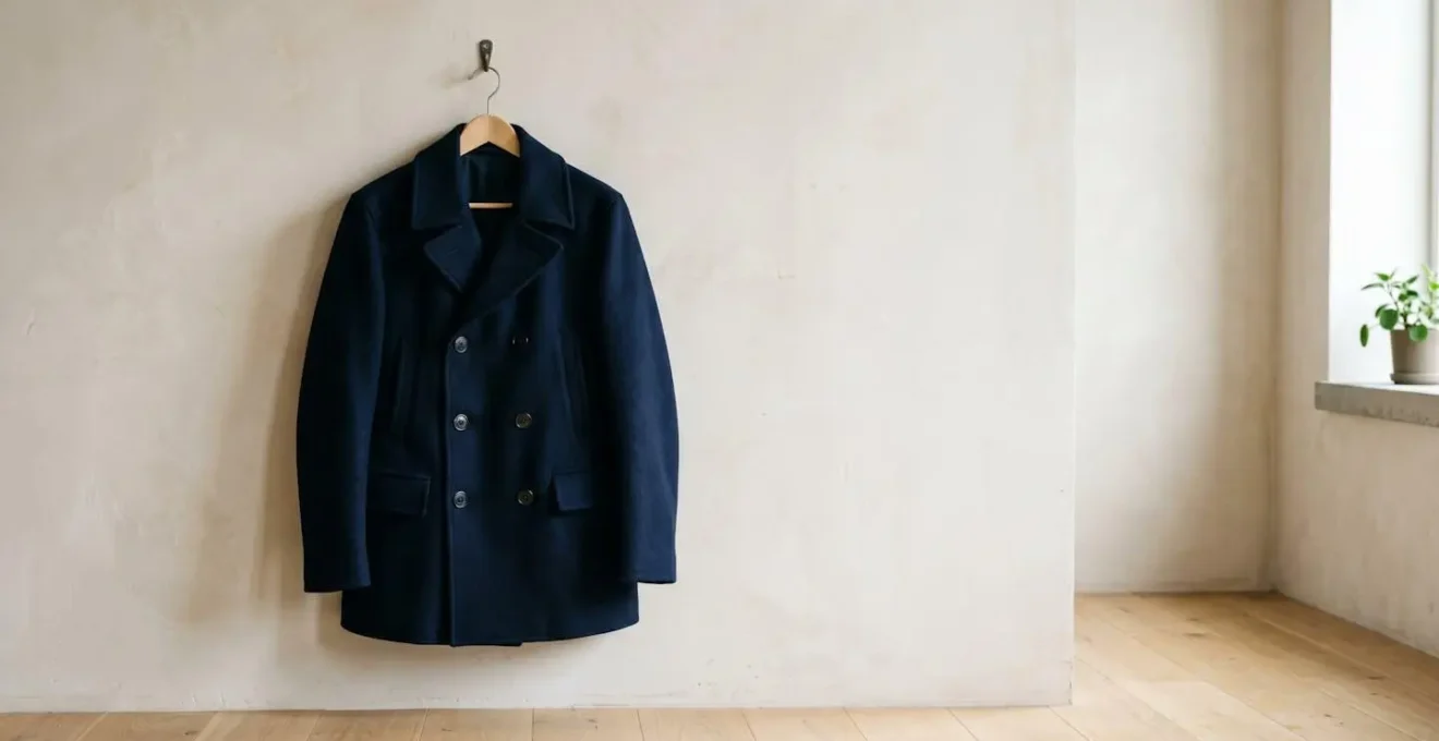 Classic wool peacoat in neutral tone showcasing timeless design and quality construction