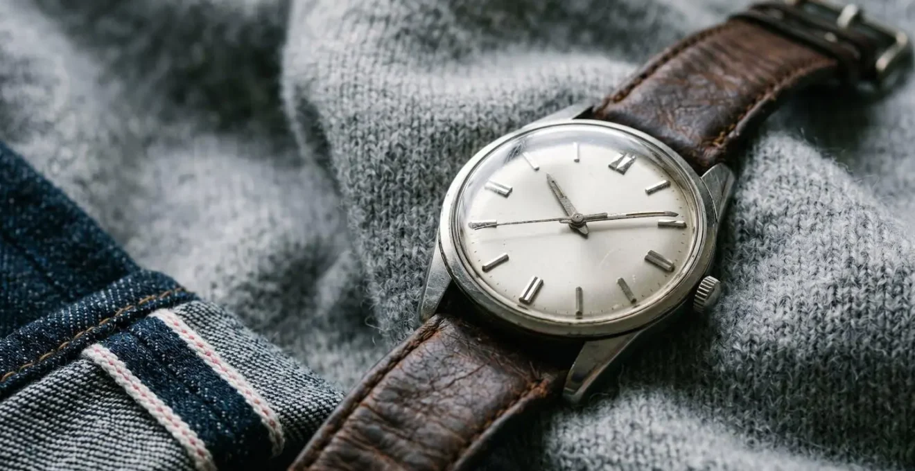 Close-up of vintage chronograph watch styled with modern casual wear