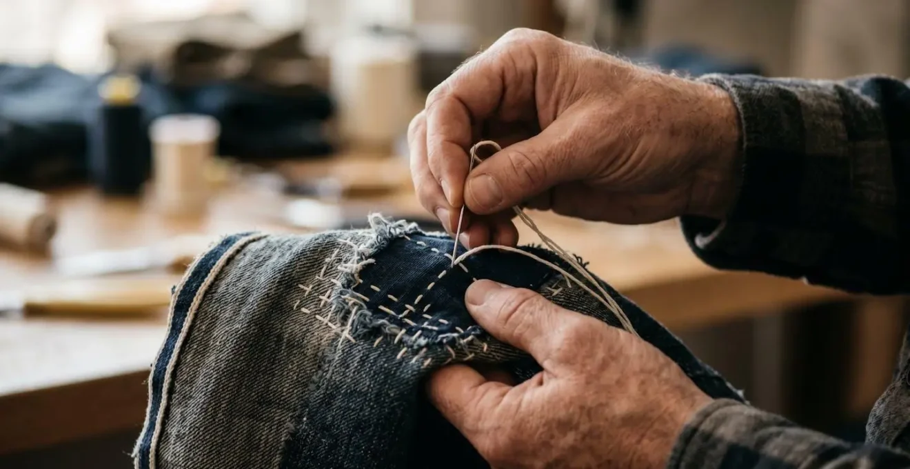 Close-up of hands performing Japanese visible mending on denim with careful stitching