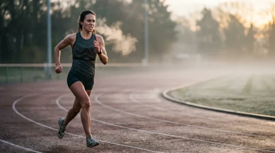 Athletic person monitoring heart rate during interval training session with visible breath vapor in cold morning air