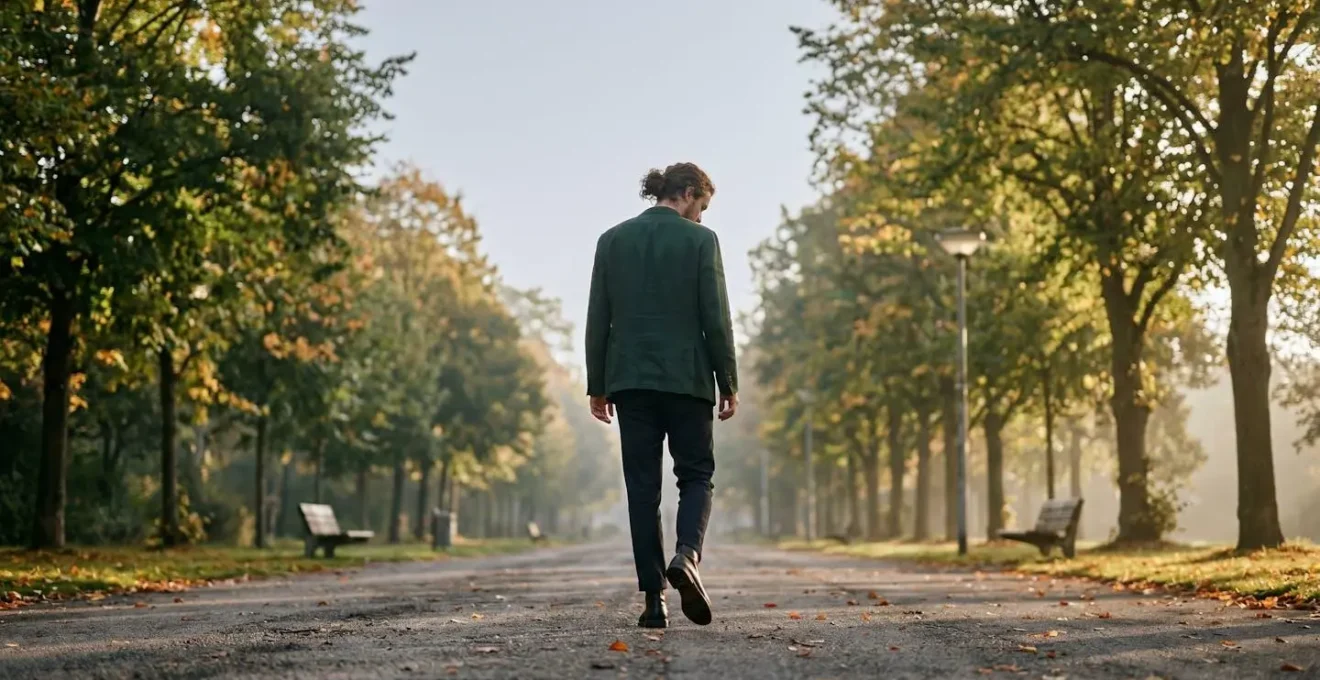 A person in motion practicing walking meditation through a city environment with mindful awareness