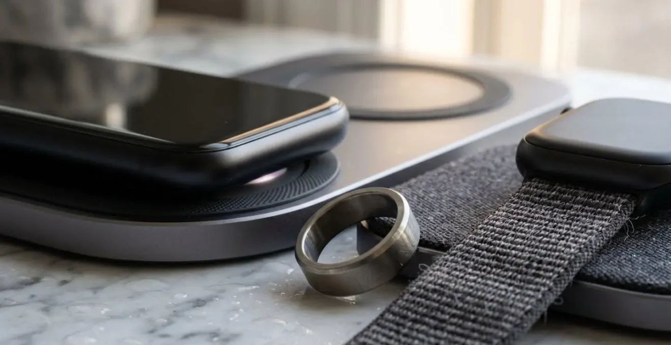 Minimalist charging station with multiple fitness wearables during morning routine