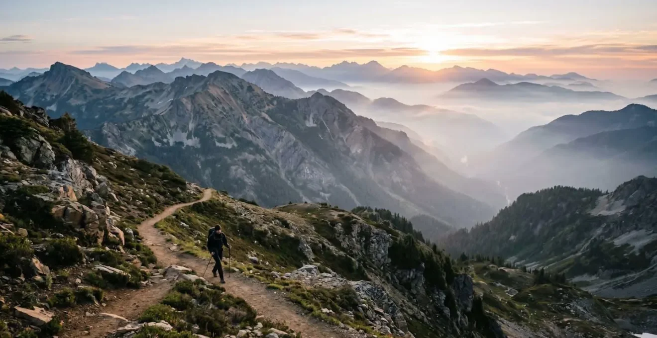 A solo hiker on a mountain trail at dawn, representing active recovery and strategic disconnection from work.