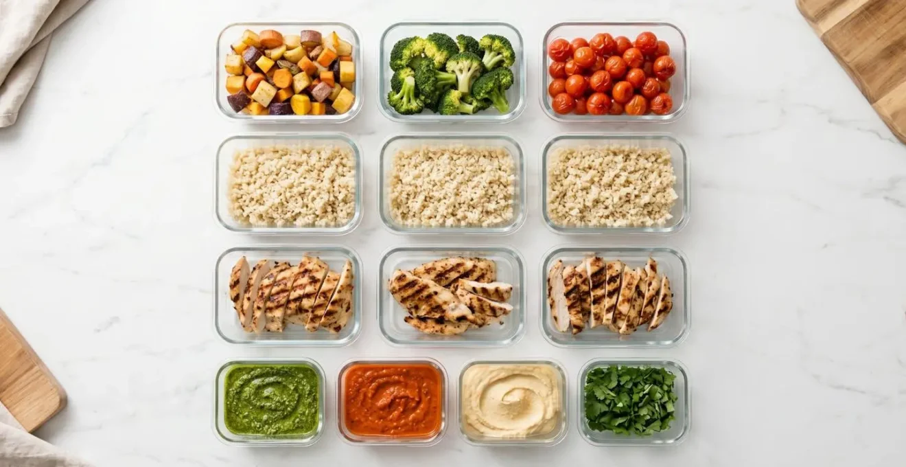 Overhead view of organized meal prep containers with colorful prepared components ready for mixing and matching
