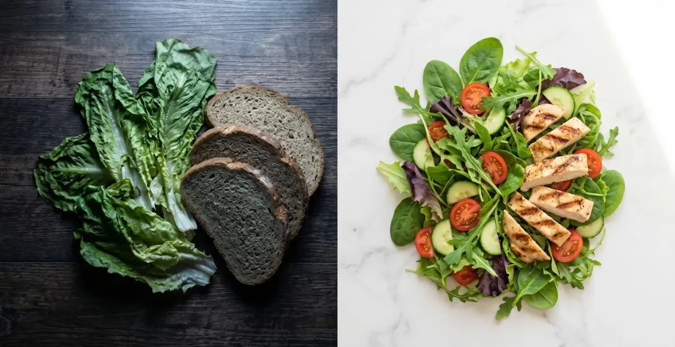 A visual contrast showing a wilted, heavy carb meal on one side and a vibrant, lean protein meal on the other, symbolizing brain fog versus high energy.